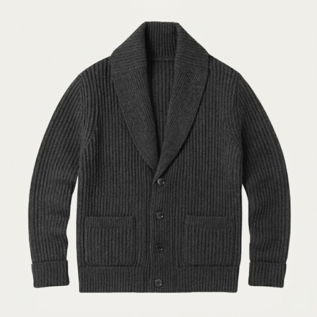 Men's chunky knit shawl-collar cardigan, dark gray with button front and two pockets
