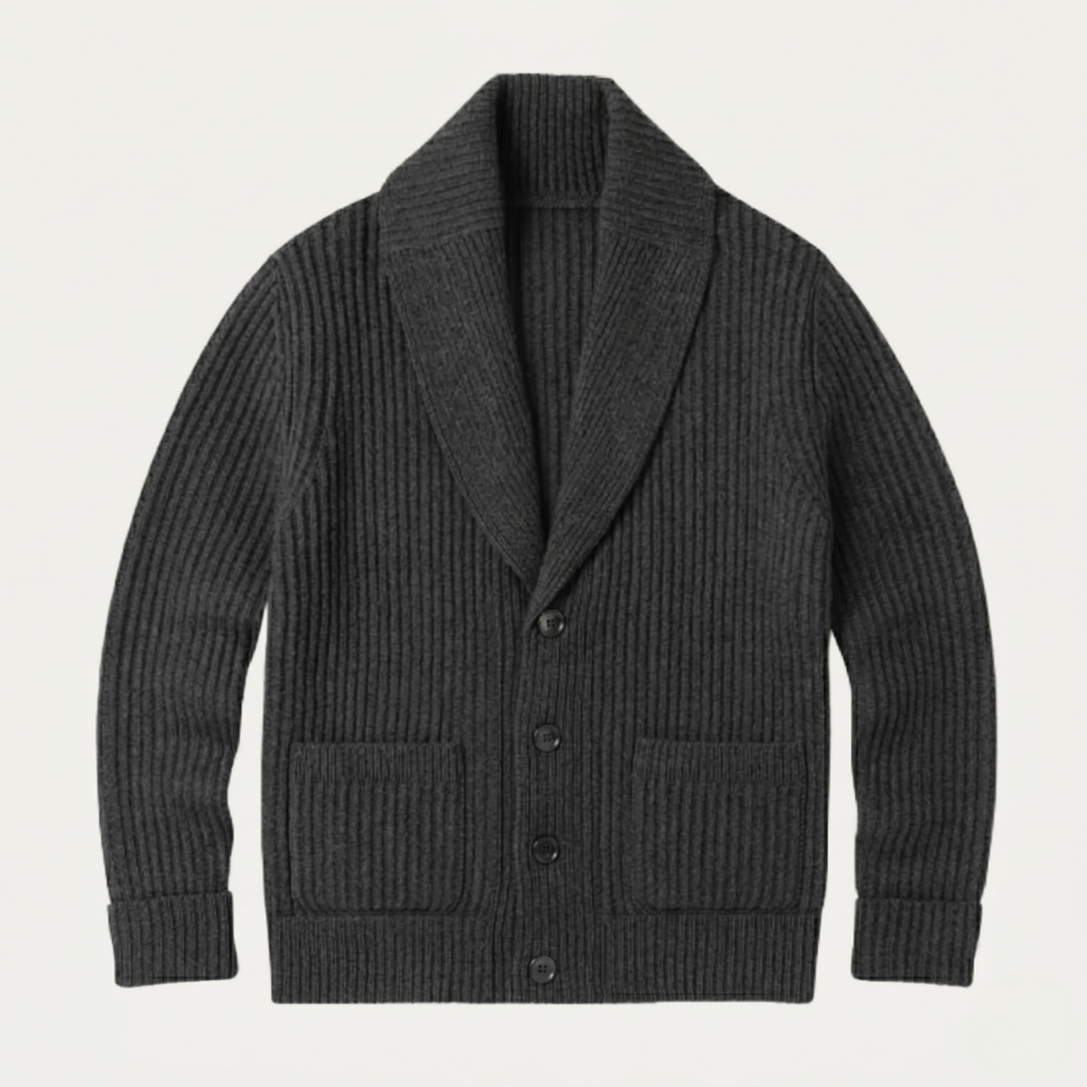 Men's chunky knit shawl-collar cardigan, dark gray with button front and two pockets