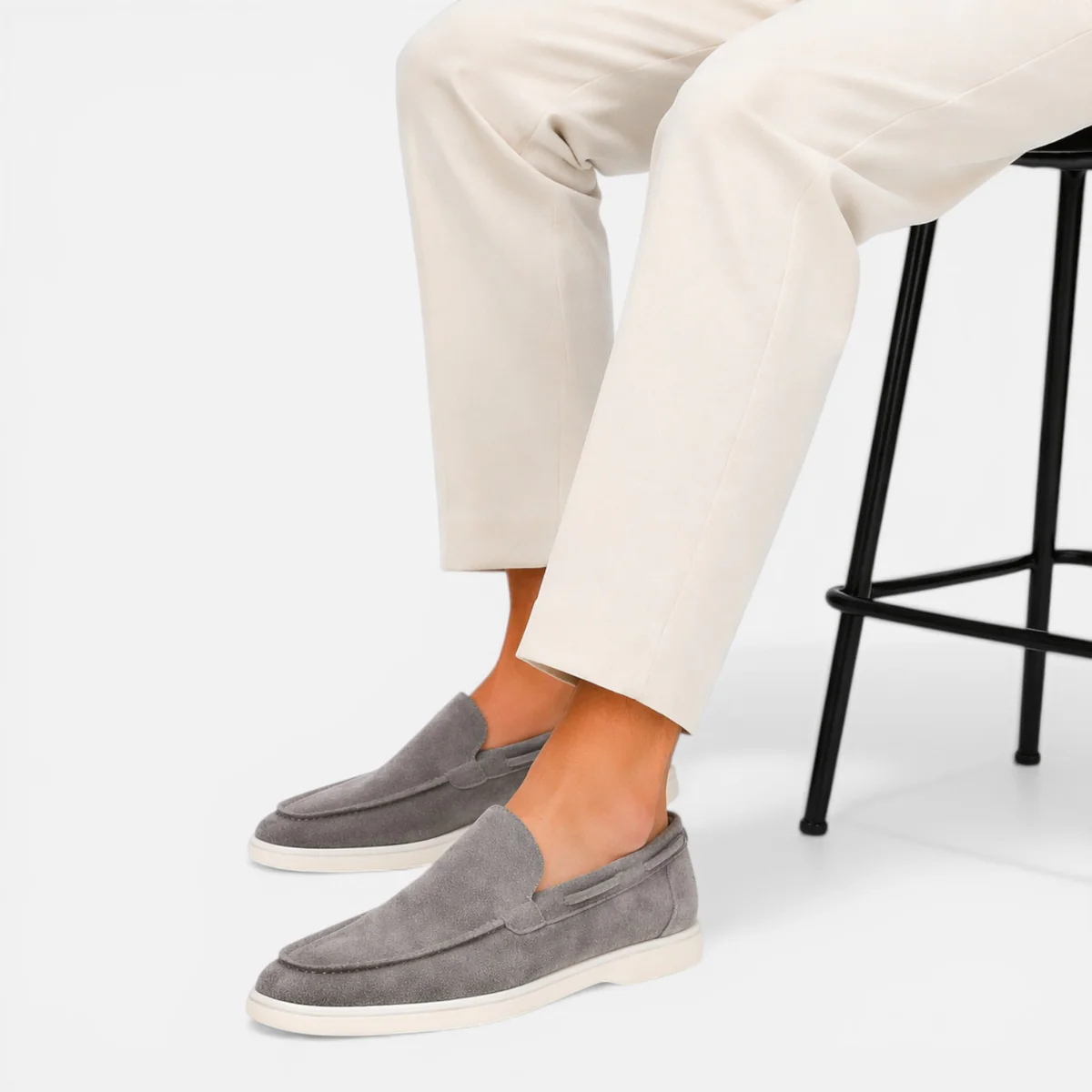 Men's gray suede casual loafers with slip-on moc toe and light outsole