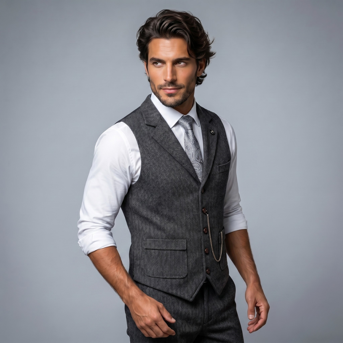 Men’s dark gray tweed waistcoat worn over a white shirt, notch lapels and button front