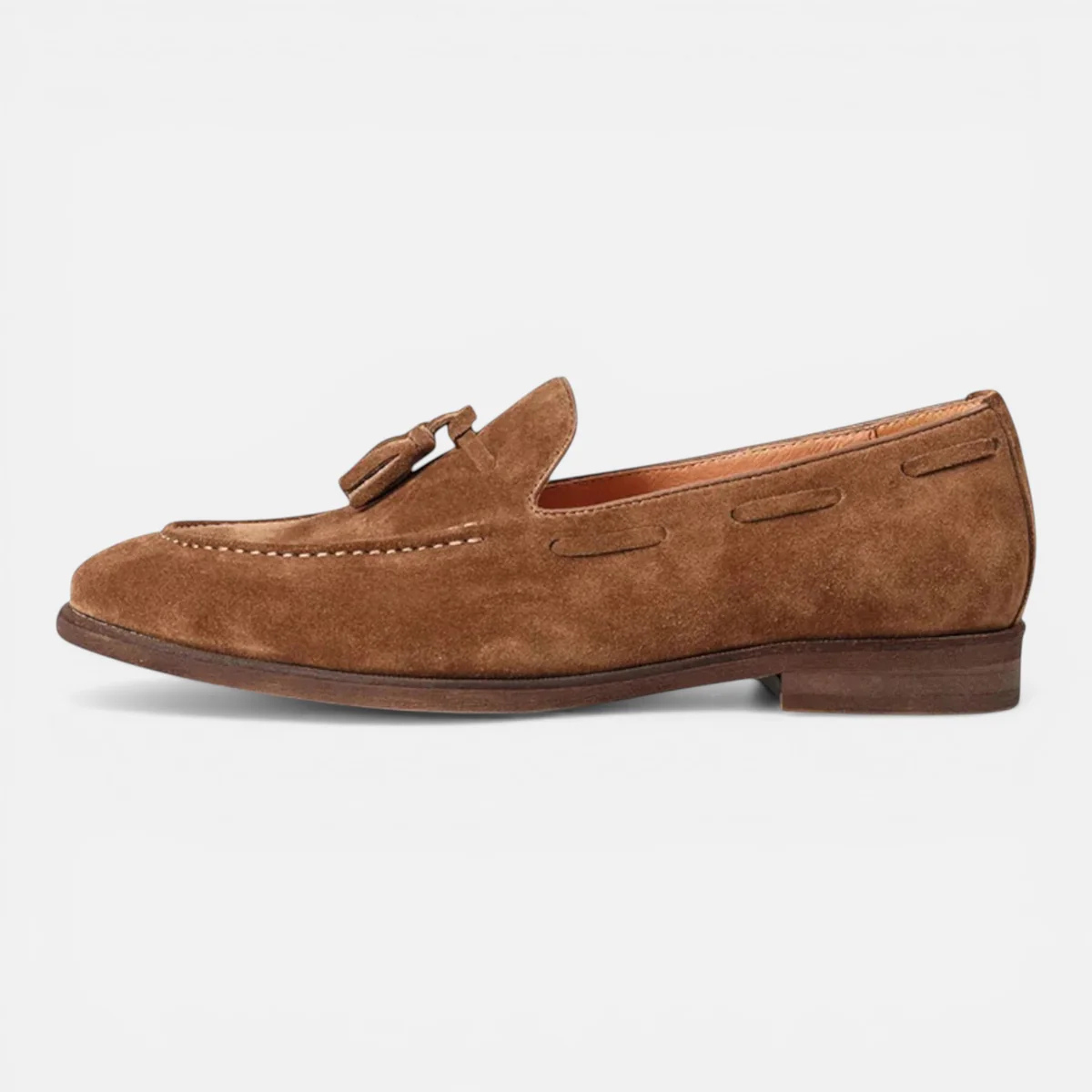 Men's faux leather tassel loafer in tan-brown, side bar with slip-on tassel