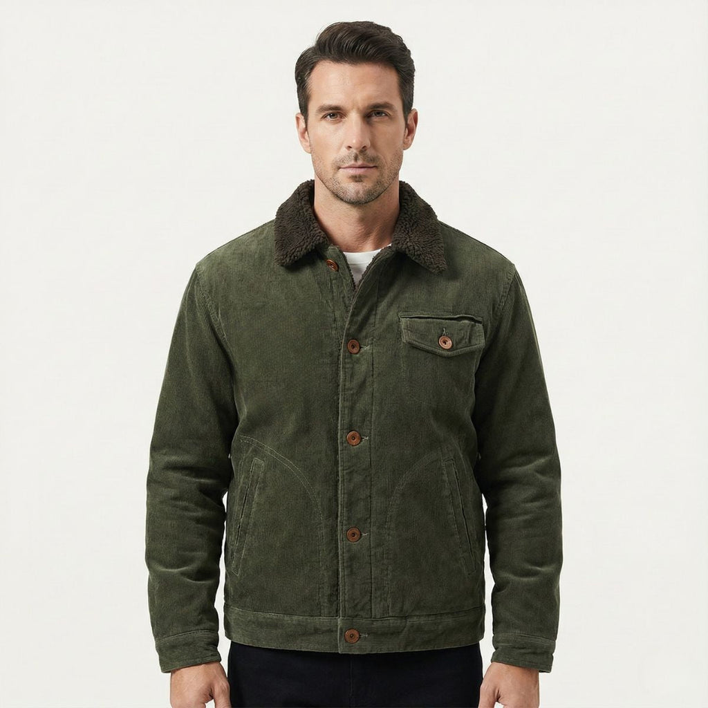 Men's deep green corduroy winter jacket with sherpa collar and button-down front