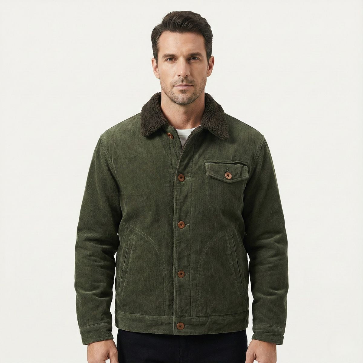 Men's deep green corduroy winter jacket with sherpa collar and button-down front