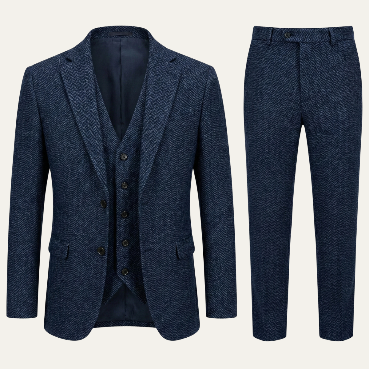 Men's tweed herringbone suit jacket and trousers, navy blue, slim fit