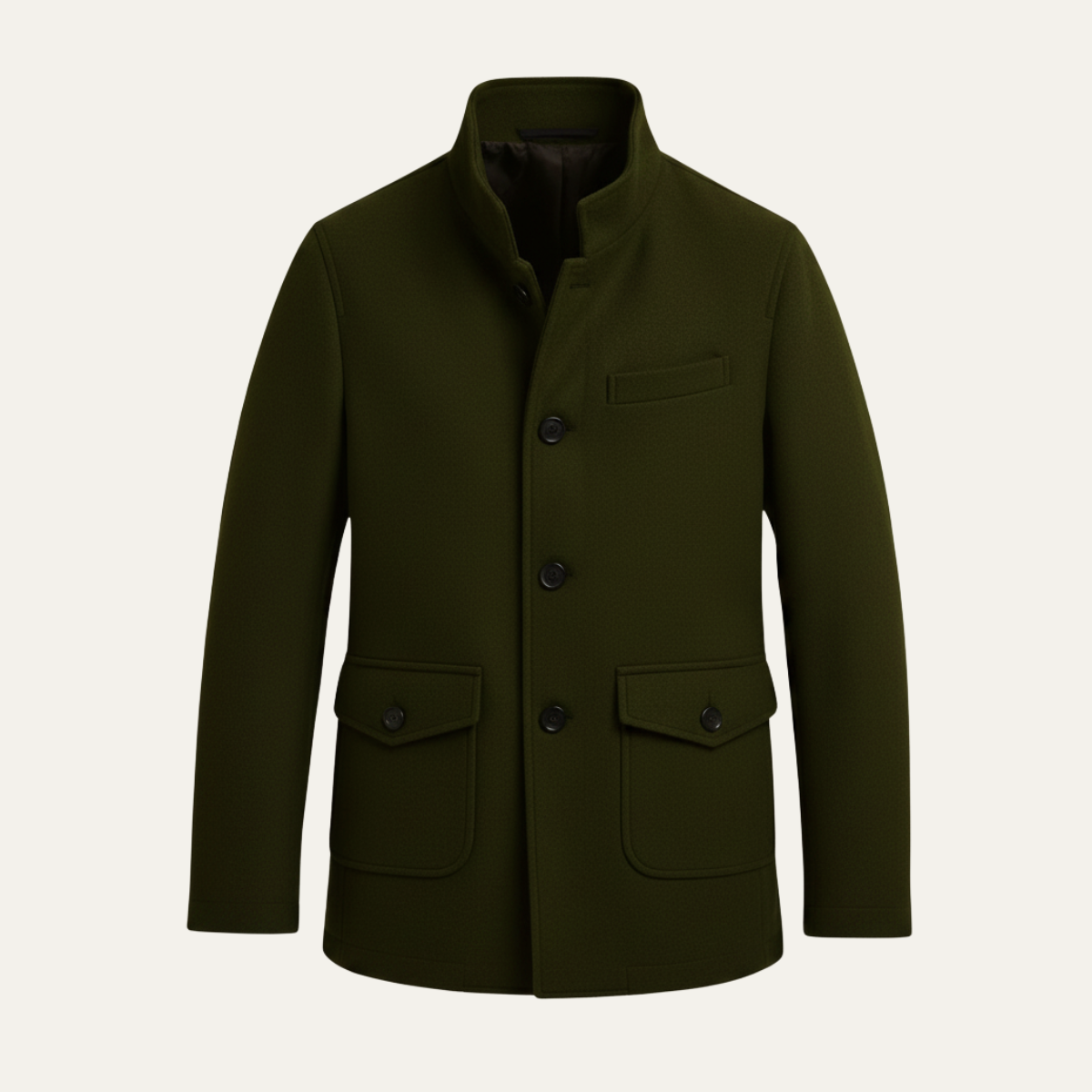 Men's wool overcoat, army green double-breasted with flap pockets and button front