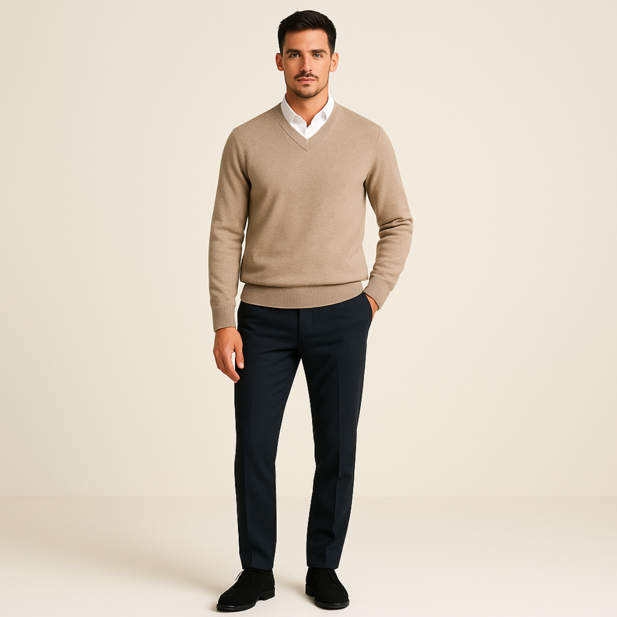 Men's beige cashmere V-neck sweater with long sleeves and ribbed hem, paired with dark trousers.