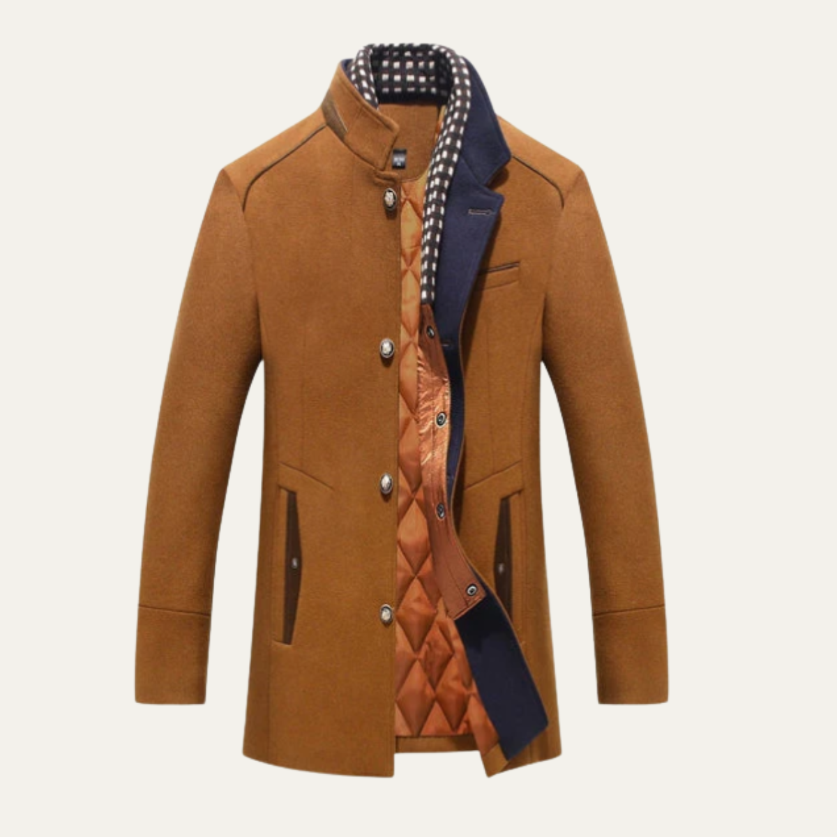 Men's wool coat, tan, button-front with plaid collar and quilted lining