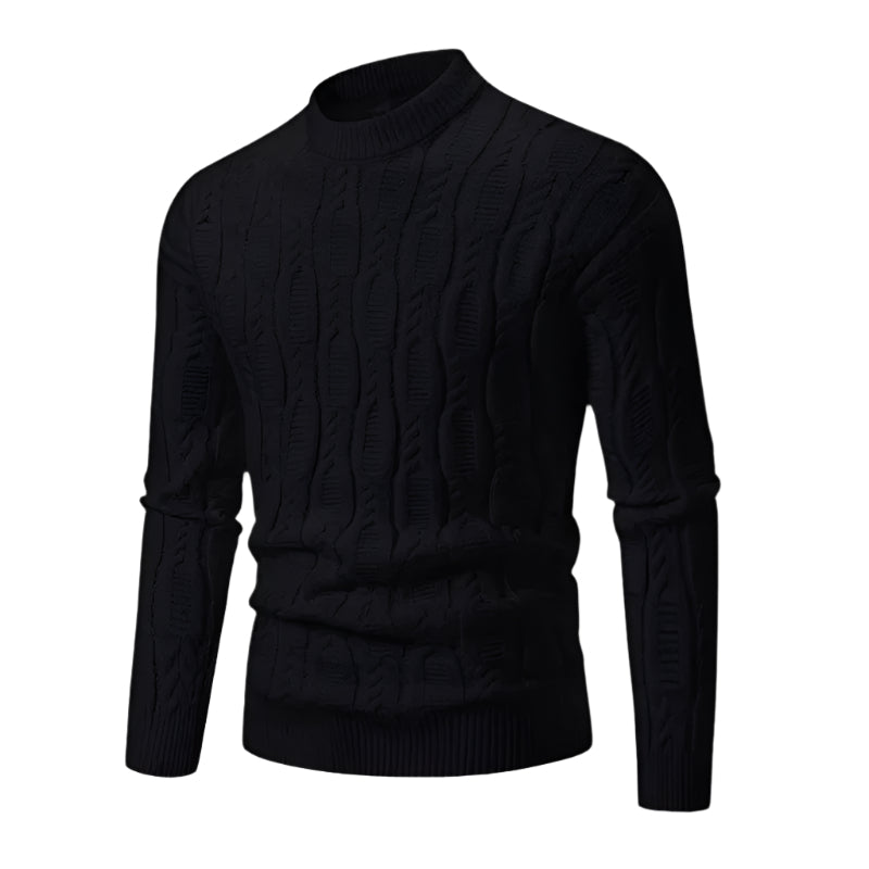 Men's premium cable knit sweater, black, crew neck, long sleeves, ribbed hem