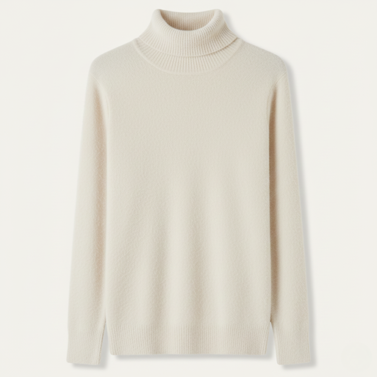 Men's beige turtleneck sweater, ribbed collar, cuffs, and hem, long sleeves