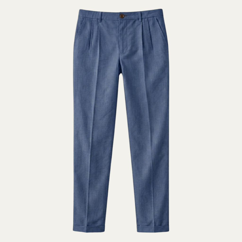 Men's blue slim-fit lightweight linen dress pants, pleated front, button waistband