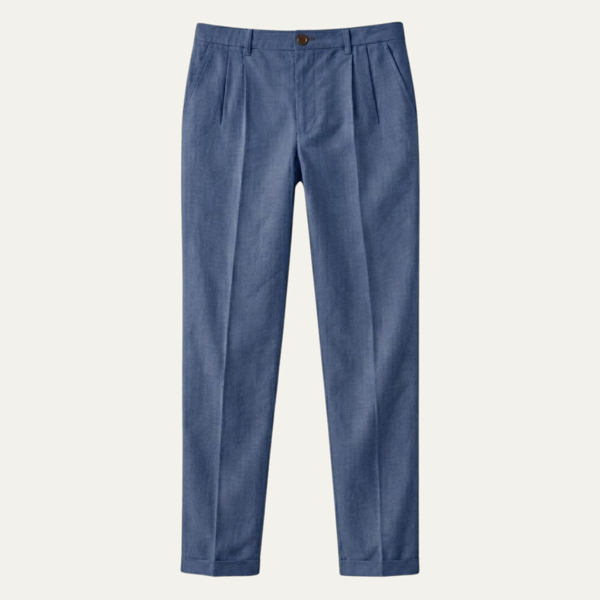 Men's blue slim-fit lightweight linen dress pants, pleated front, button waistband