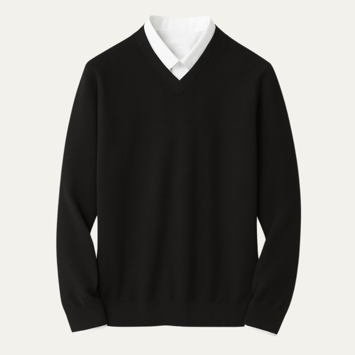 Men's cashmere V-neck sweater, black knit with ribbed cuffs and hem.