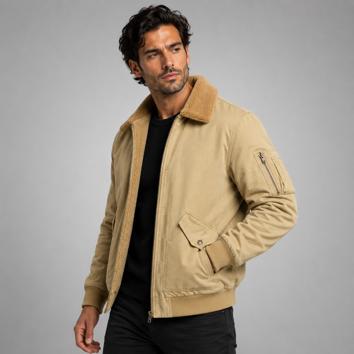 Men's khaki sherpa-lined bomber jacket with tan collar and sleeve zip pocket
