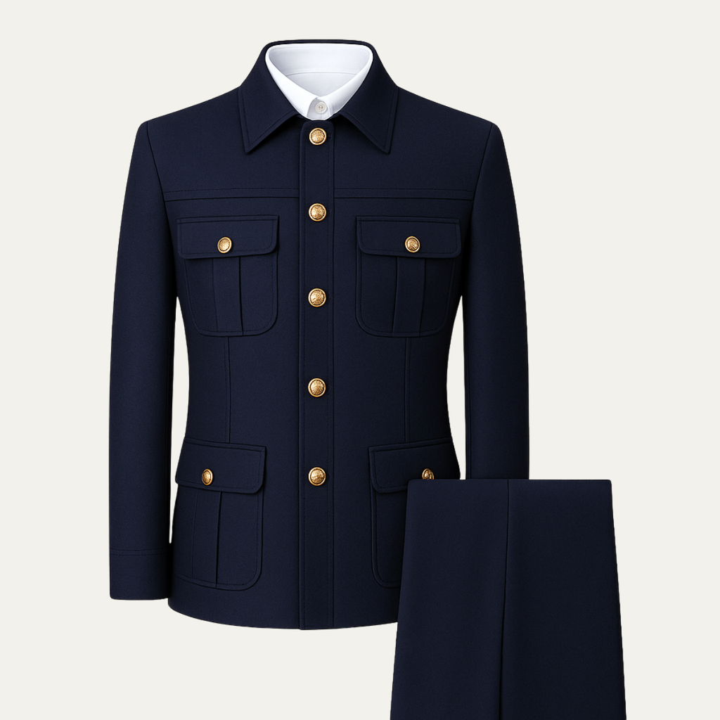 Men's navy classic fit multi-pocket business suit set with jacket and matching trousers
