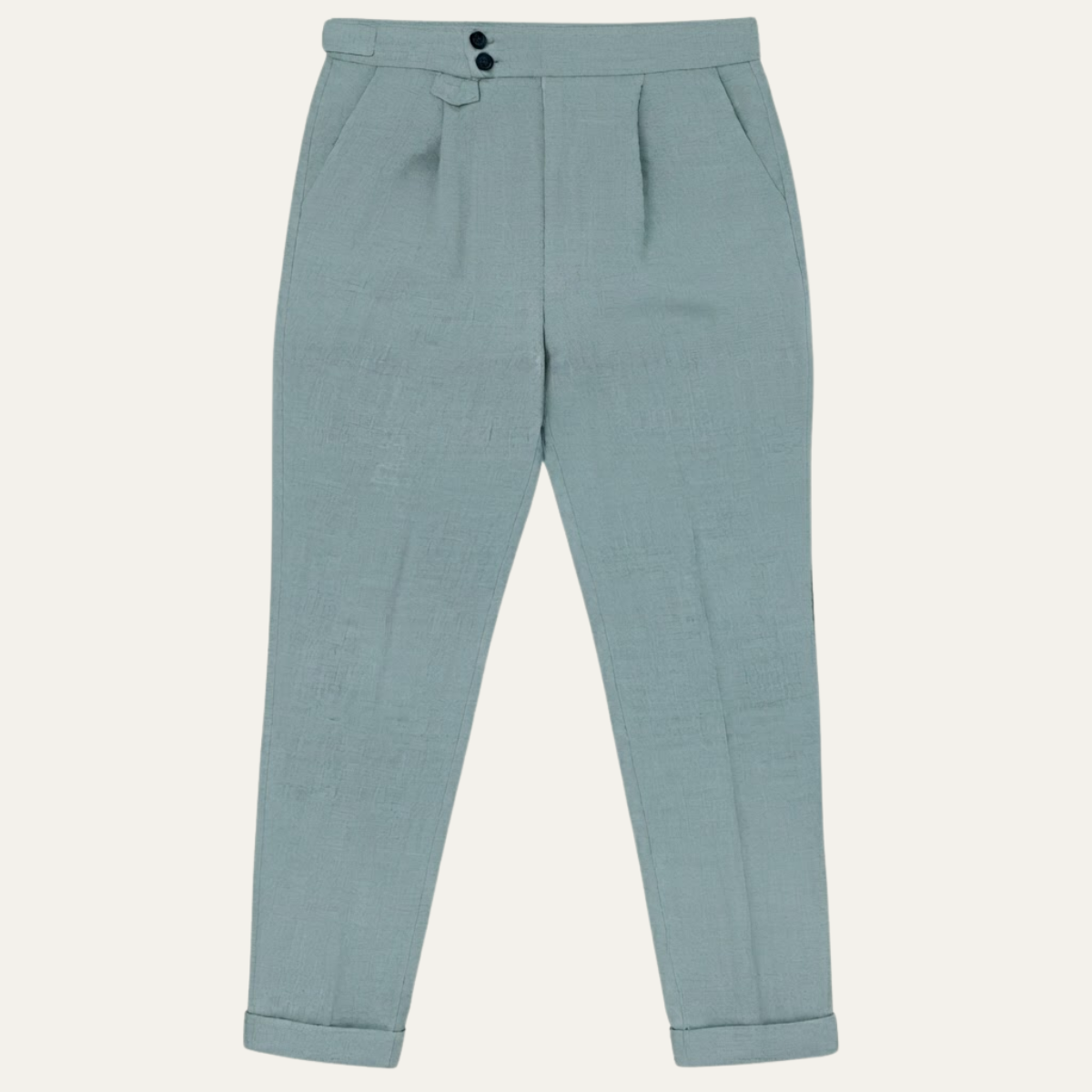 Men's high-waisted pleated dress pants, light blue, button closure