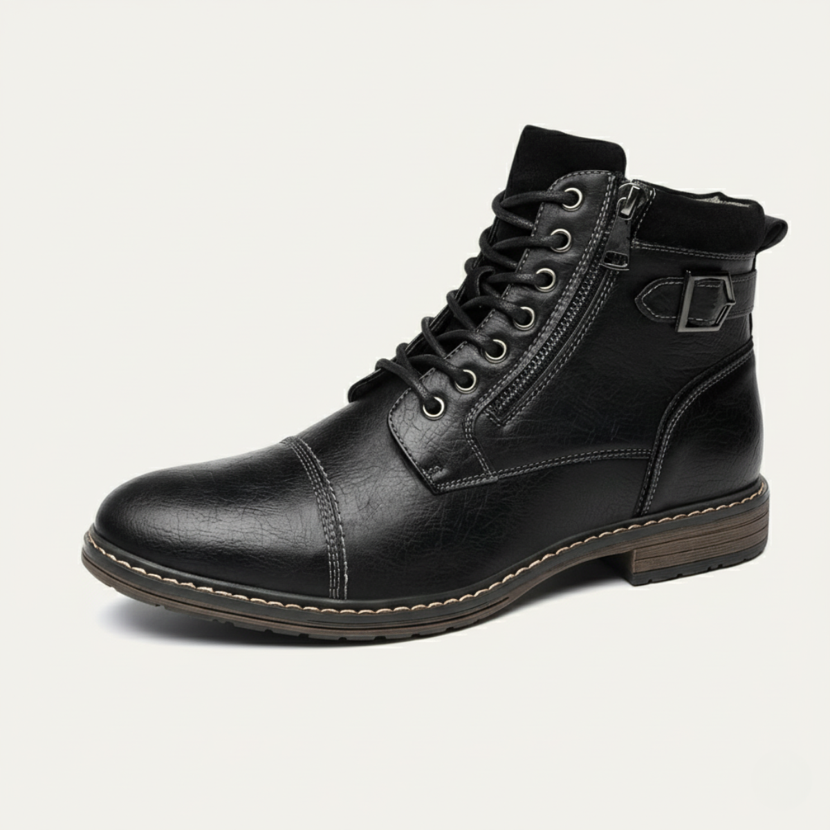Black lace-up ankle boots with side zip and decorative buckle patch.