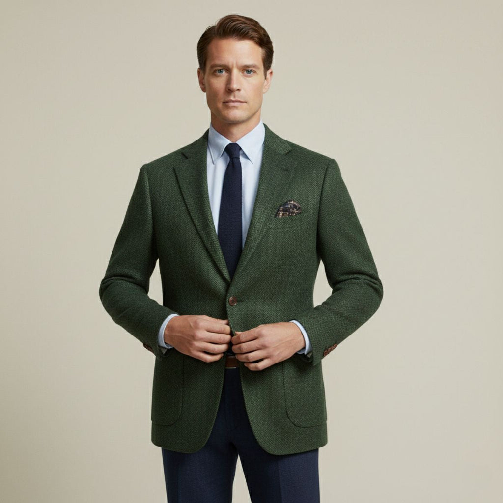 Green men’s single-breasted blazer with notch lapels and flap pockets, worn