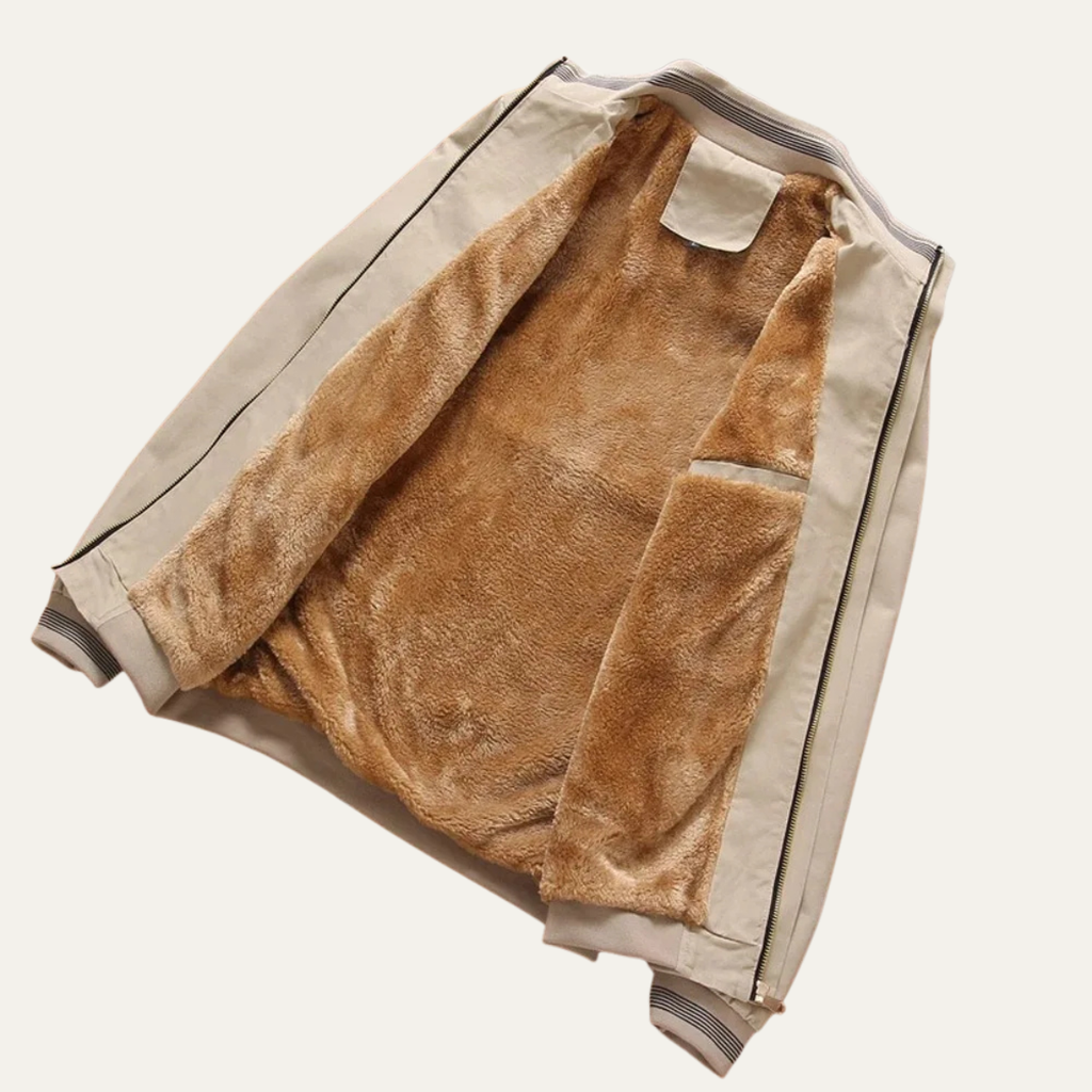 Cream sherpa fleece interior lining with patch-style panels and trim