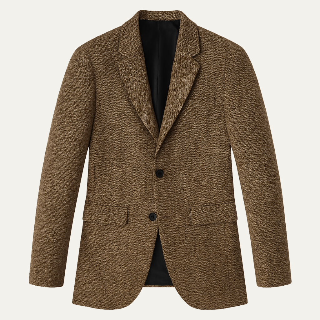 Brown herringbone tweed blazer with two-button front, notched lapels, and flap pockets.