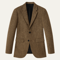 Brown herringbone tweed blazer with two-button front, notched lapels, and flap pockets.
