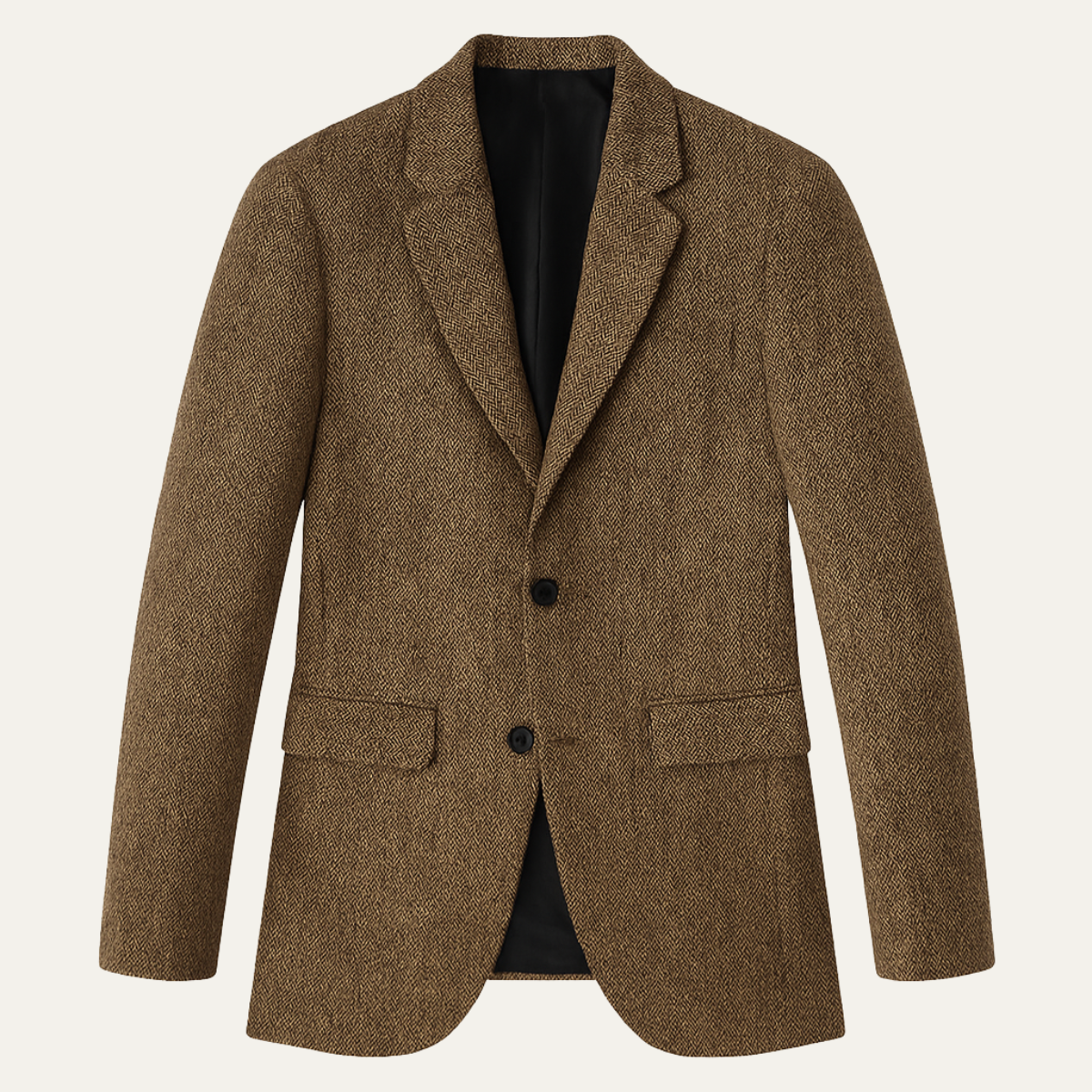 Brown herringbone tweed blazer with two-button front, notched lapels, and flap pockets.