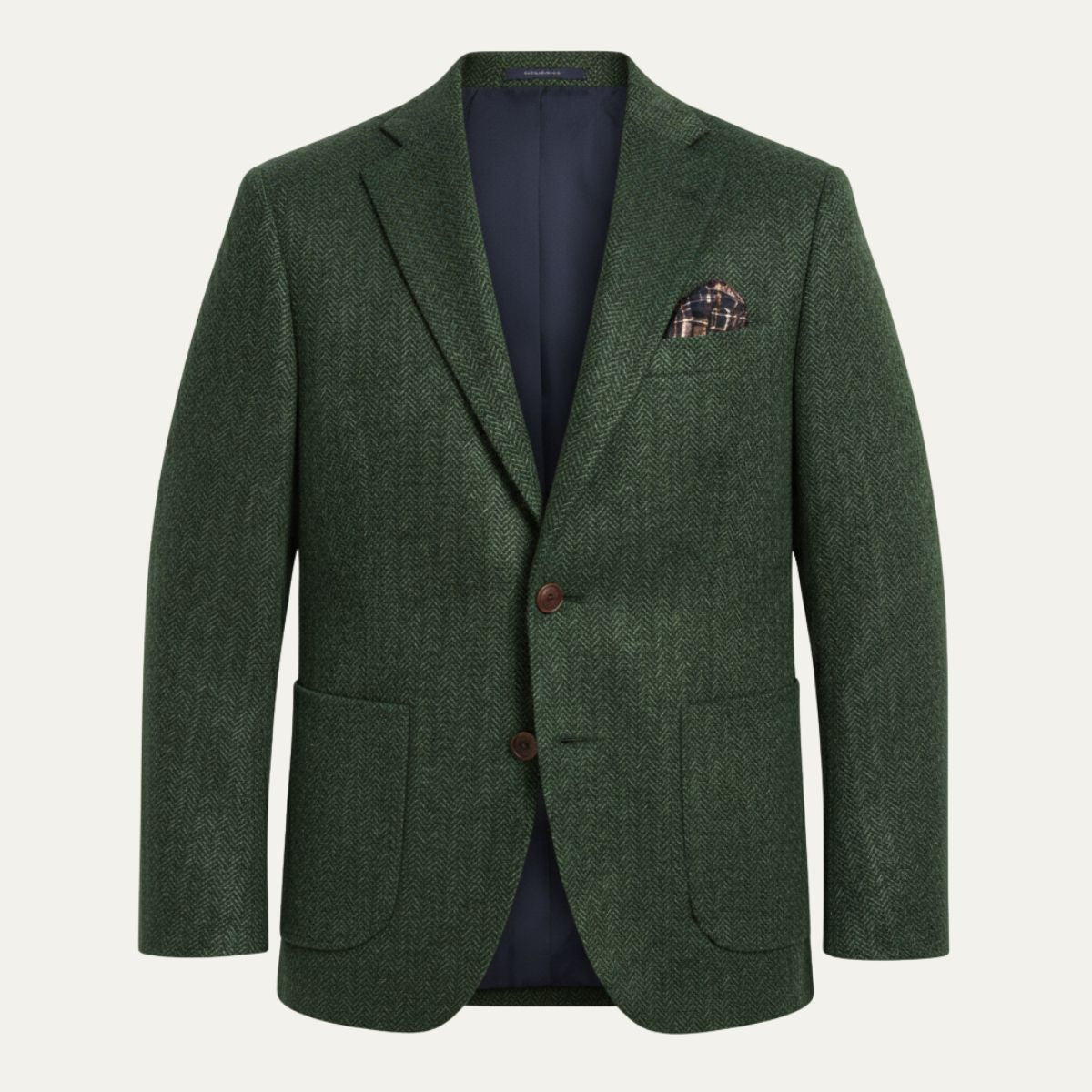 Green men’s single-breasted herringbone wool blazer, notch lapels, flap pockets