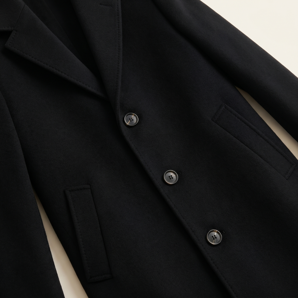 Black wool overcoat detail: buttoned front and welt pocket on chest