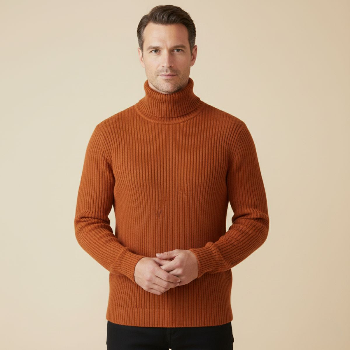 Men's rust orange ribbed turtleneck knit sweater on model, long sleeves