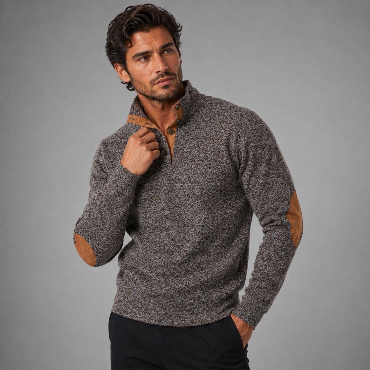 Men's heather gray fleece stand-collar sweater with suede elbow patches and snap-front placket