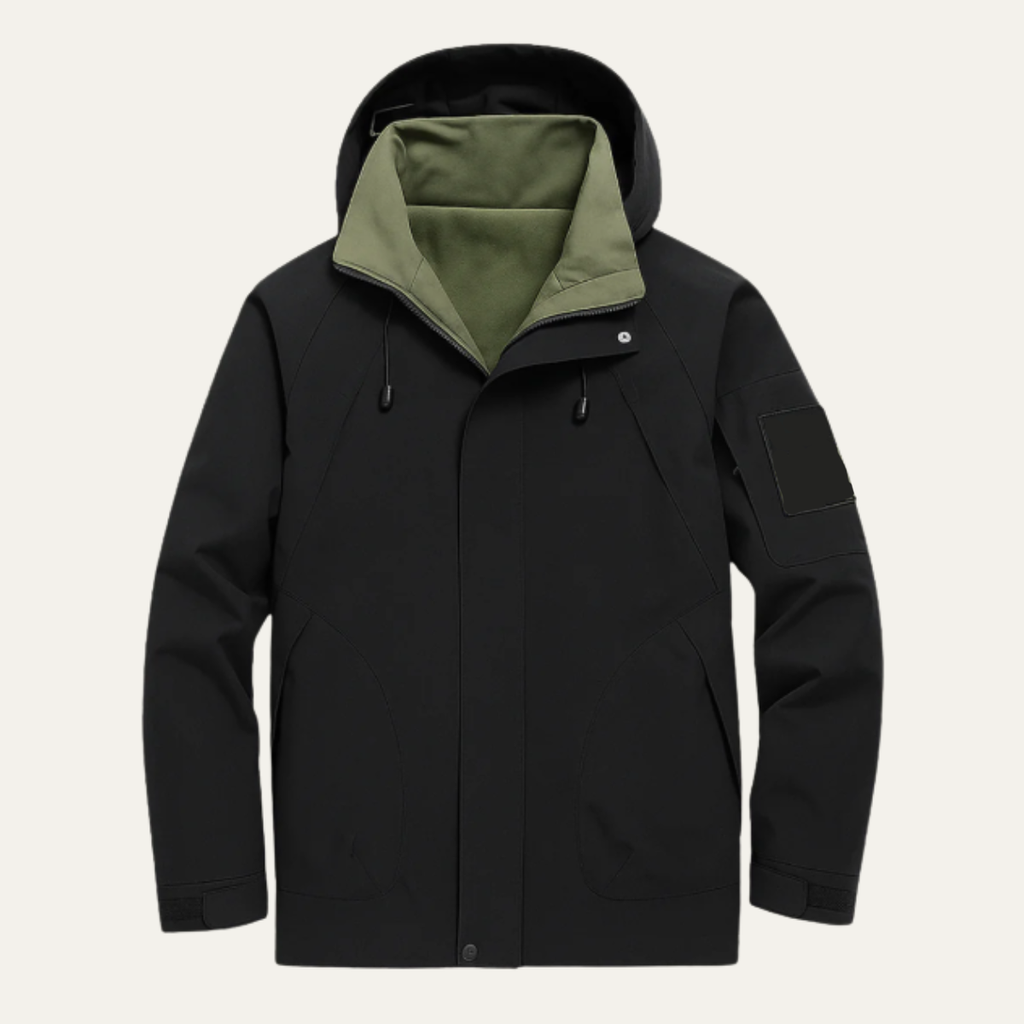 Black waterproof rain jacket with hood, zip front, drawstring hem, chest pockets