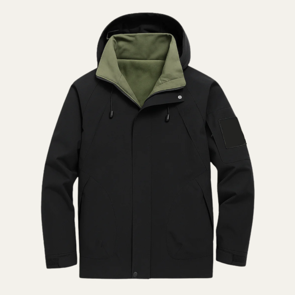 Black waterproof rain jacket with hood, zip front, drawstring hem, chest pockets