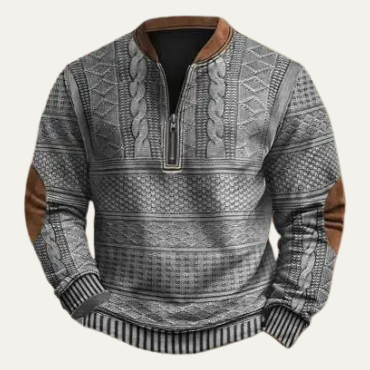 Gray patterned half-zip sweater with elbow patches