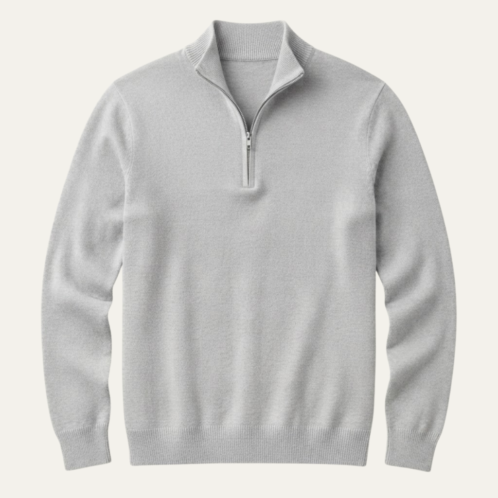 Men's quarter-zip mock neck sweater in white, ribbed collar and zipper placket