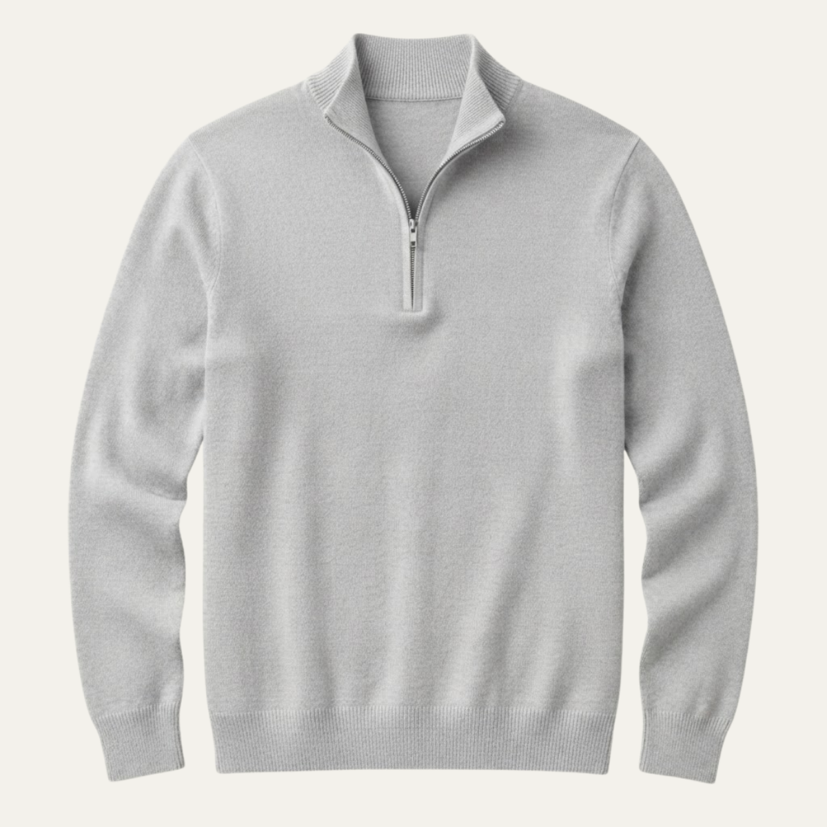 Men's quarter-zip mock neck sweater in white, ribbed collar and zipper placket