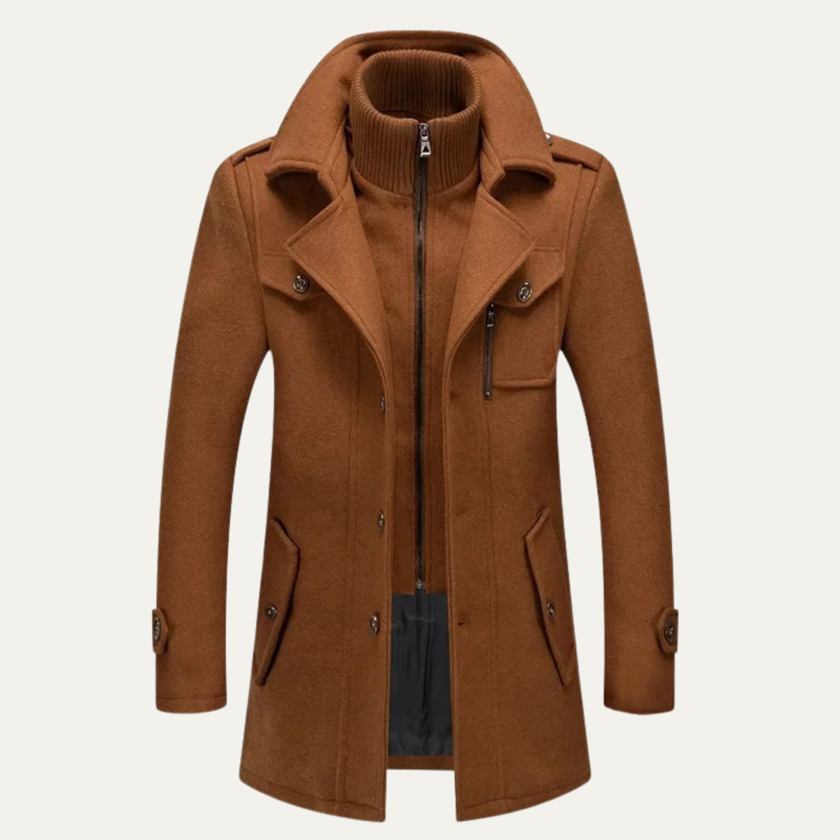 Men's wool-blend coat in tan, stand collar with knit trim, front zipper, flap chest pockets
