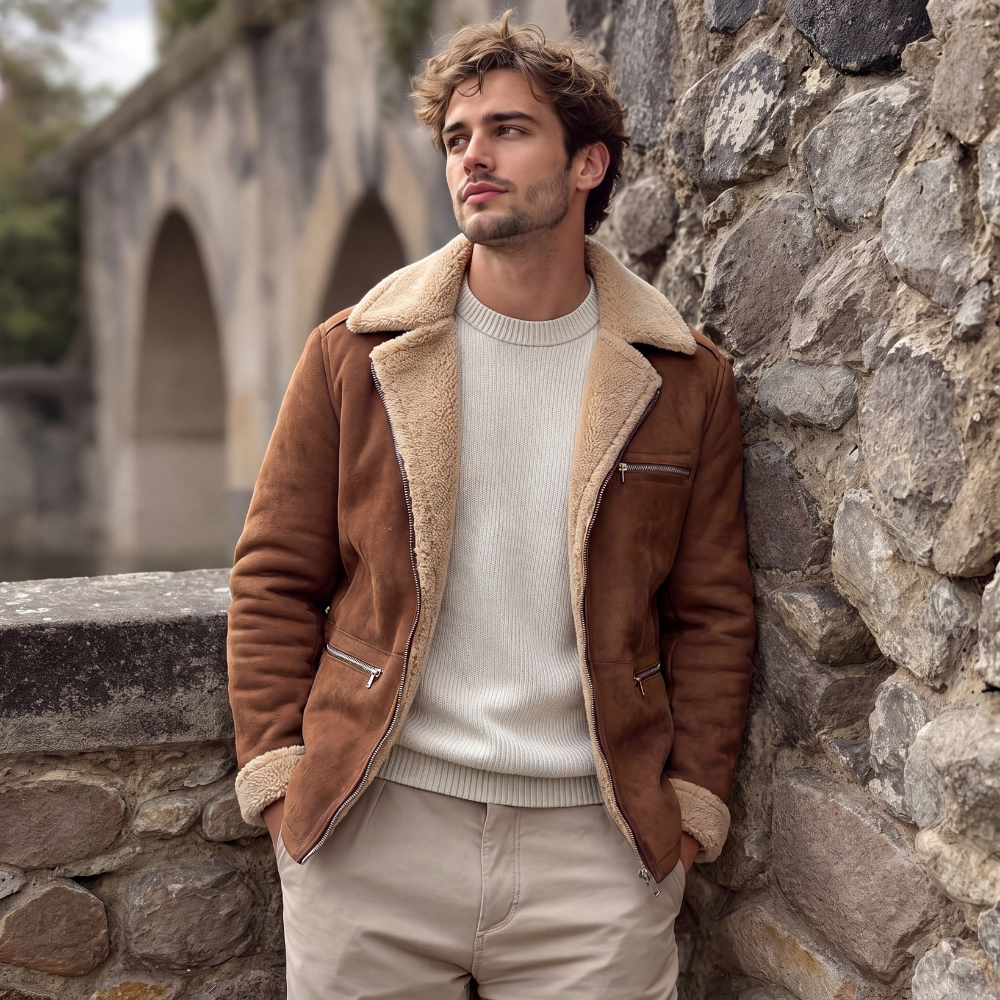 Men's brown suede sherpa-lined zip jacket with tan fleece collar over a light sweater