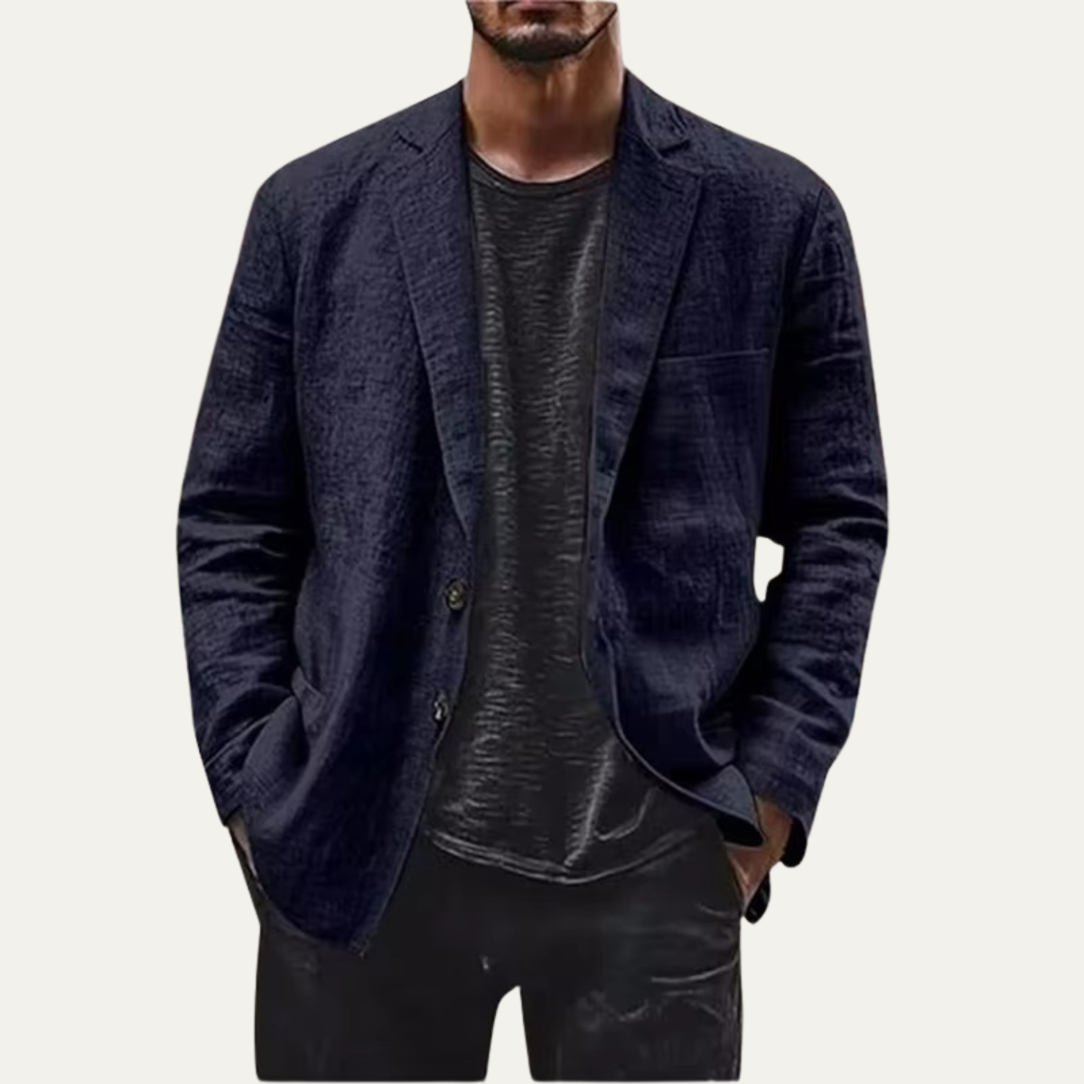 Men's navy linen blazer with notch lapels and chest pocket, two-button front