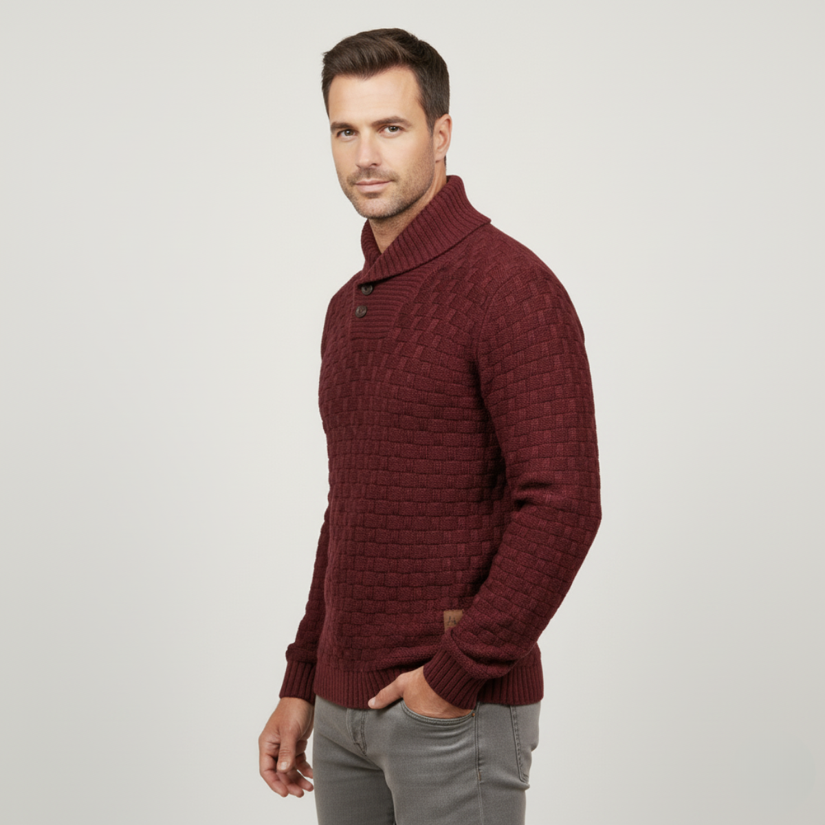 Men's burgundy chunky knit sweater with button placket and ribbed collar