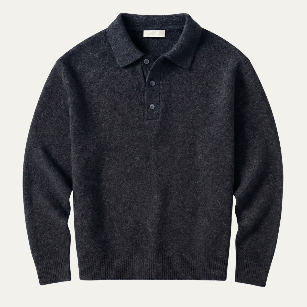 Men's soft knit polo sweater in dark gray with button placket and ribbed cuffs
