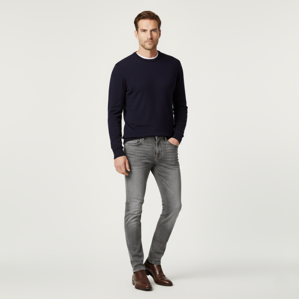 Men's slim-fit skinny jeans, gray denim on-model