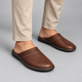 Men's brown leather slip-on clog house shoes with stitched instep panel