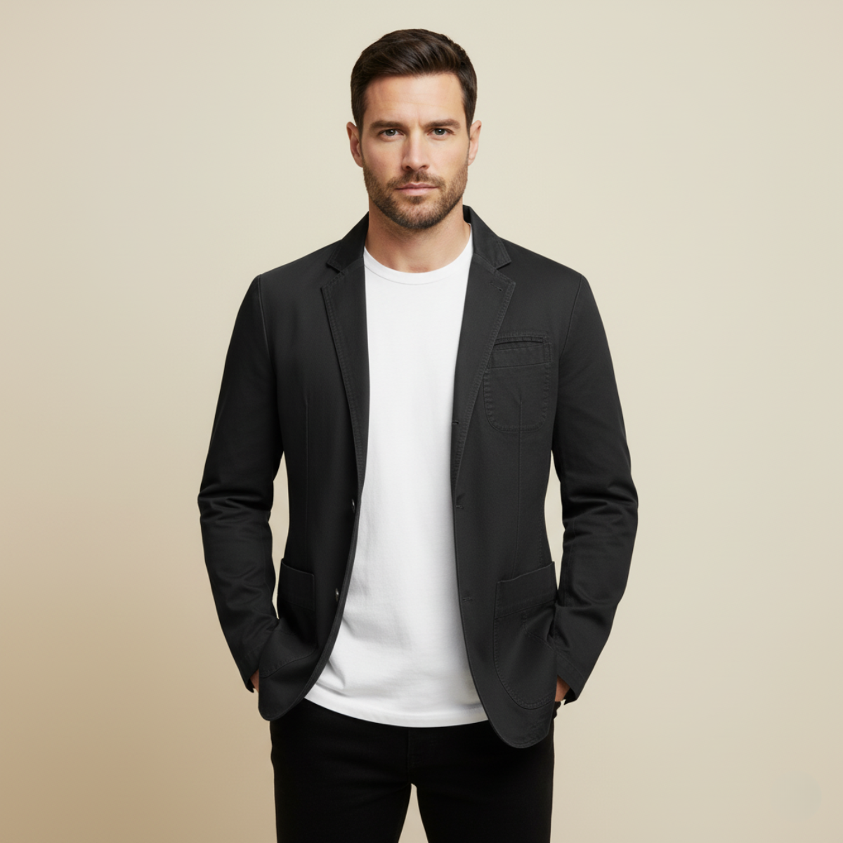 Men's black lightweight jacket worn with a white T-shirt and dark pants