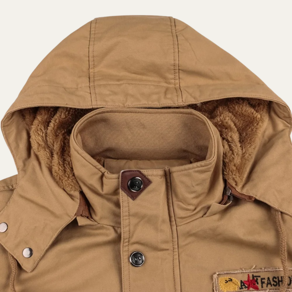 Men's khaki hooded jacket with plush-lined hood and snap-front collar