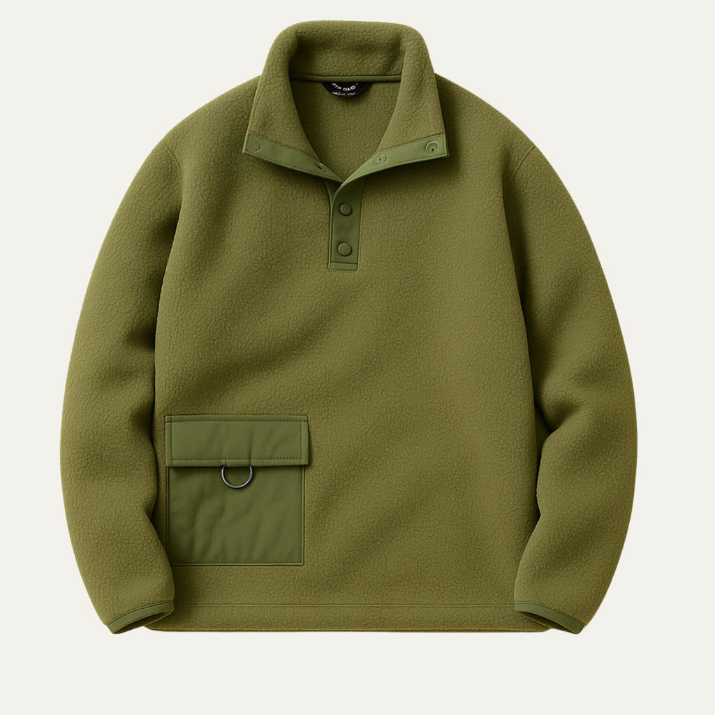 Olive fleece quarter-snap pullover sweater with mock neck and chest pocket