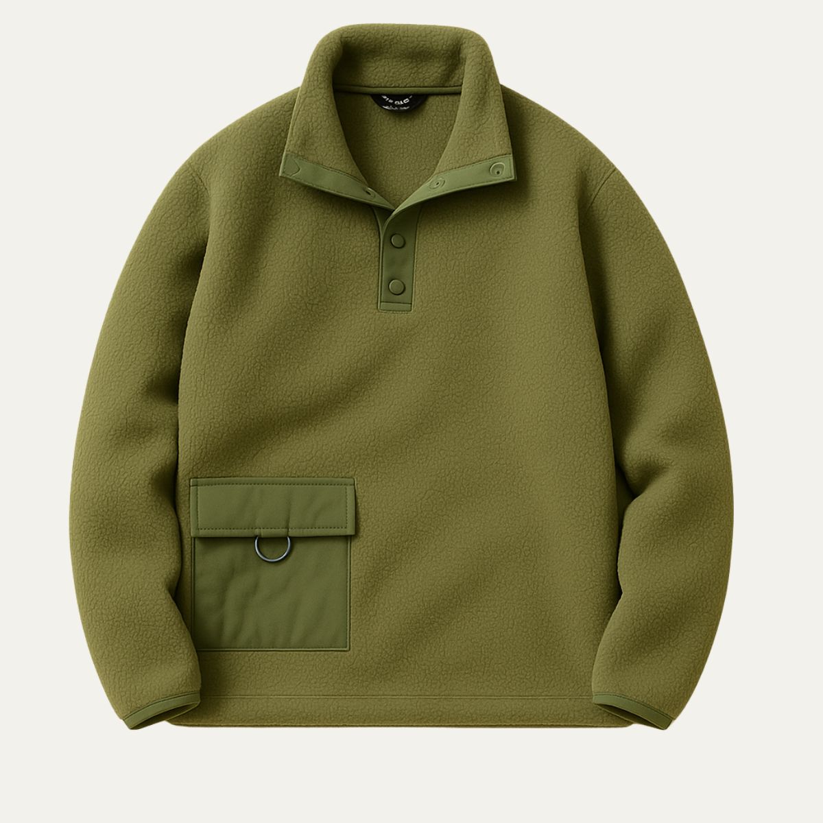 Olive fleece quarter-snap pullover sweater with mock neck and chest pocket