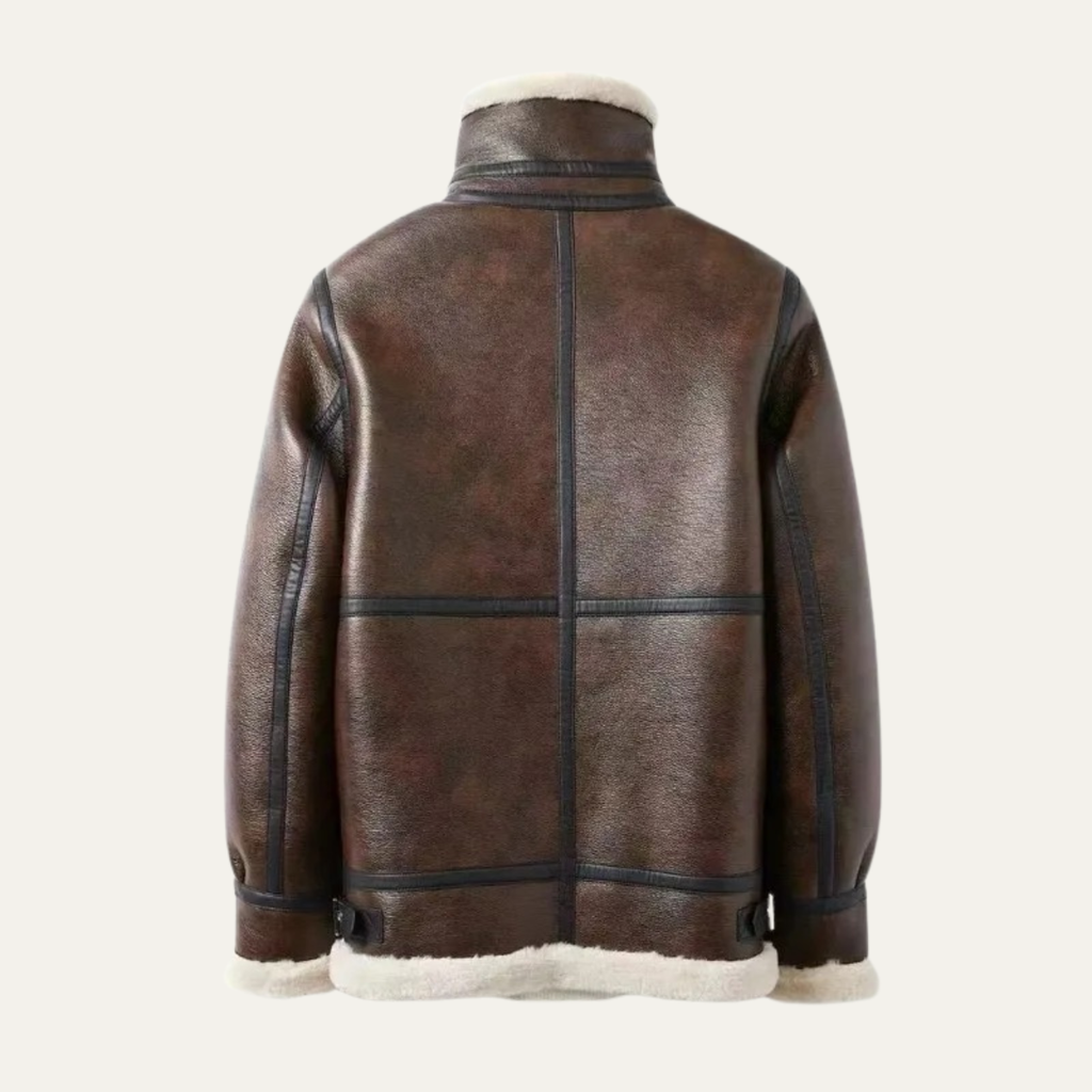 Brown leather sherpa-lined jacket back view with cream collar and hem