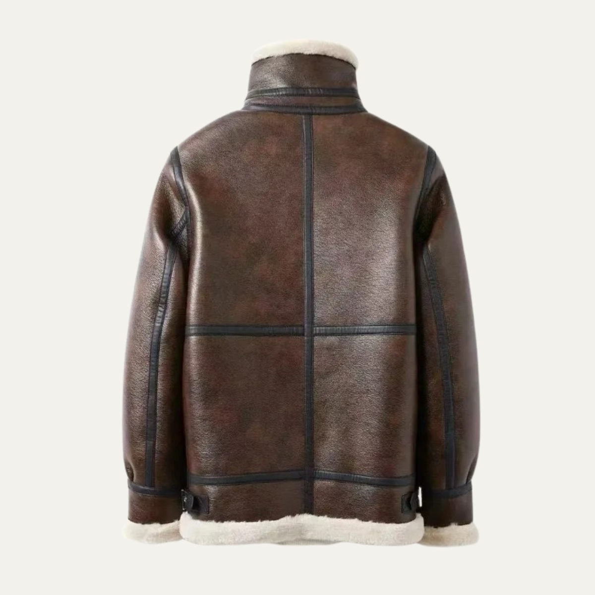 Brown leather sherpa-lined jacket back view with cream collar and hem