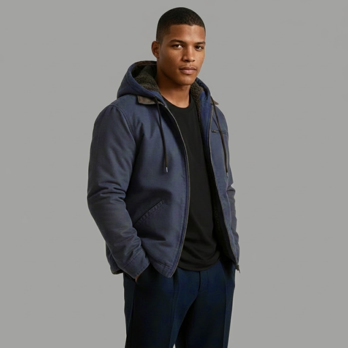 Men's hooded fleece-lined jacket in deep blue with black hood lining and zip front.