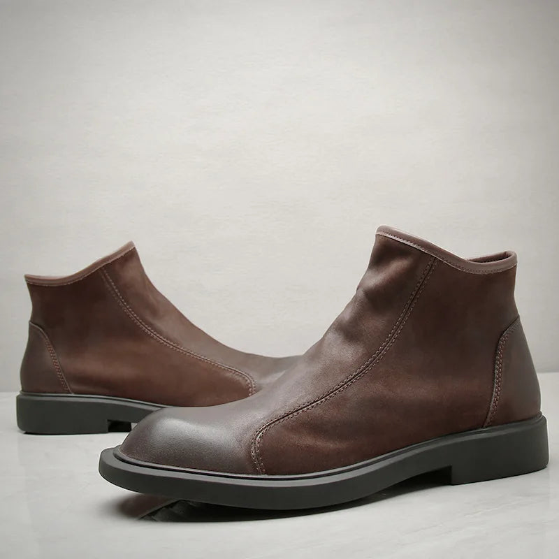 Men's warm plush zip-up leather ankle boots, brown, side profile with low block heel
