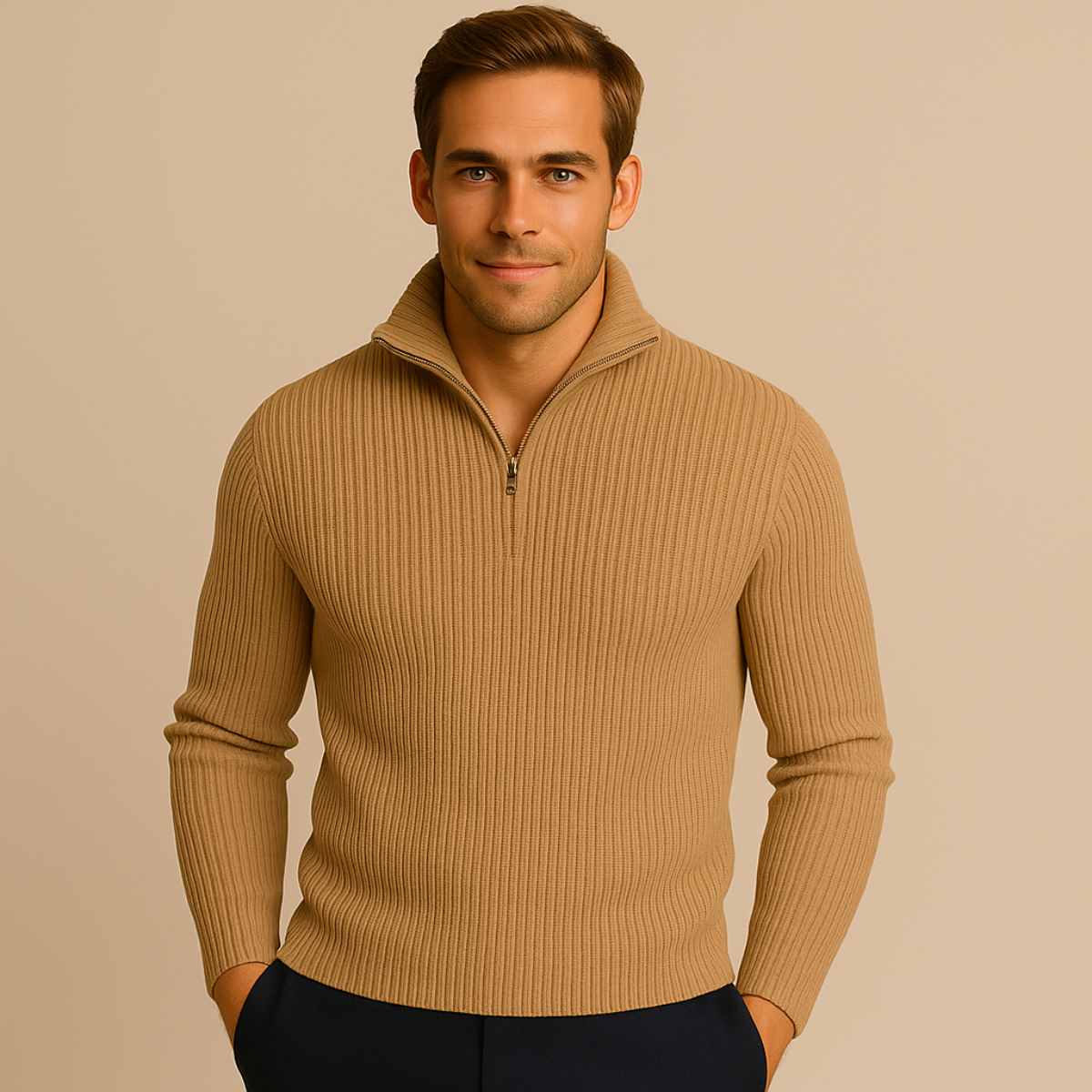 Beige merino knit quarter-zip sweater with ribbed collar and cuffed sleeves